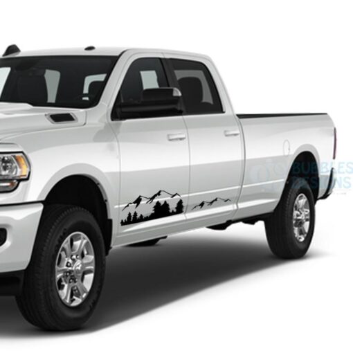 Mountain Side Door Decals Graphics Vinyl For Dodge Ram Crew Cab 3500 Bed 8 Black / 2019-Present Side